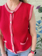 Red Ribbed Finish Button Down Sweater Vest