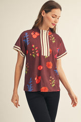 Floral Rib Band Trimed Front Zip Top