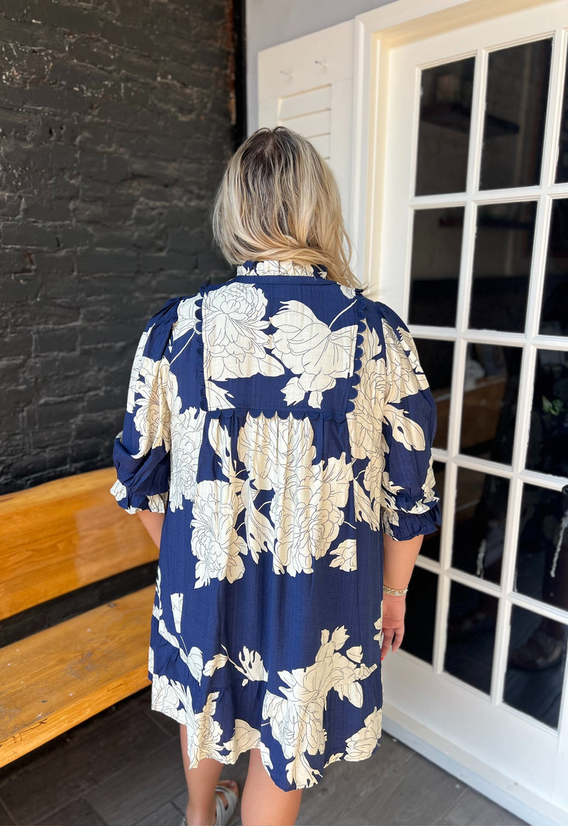 Curvy Navy Floral Tiered Babydoll Dress
