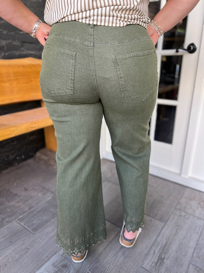 Curvy Olive High Waist Crop W/ Floral Embroidered Hem