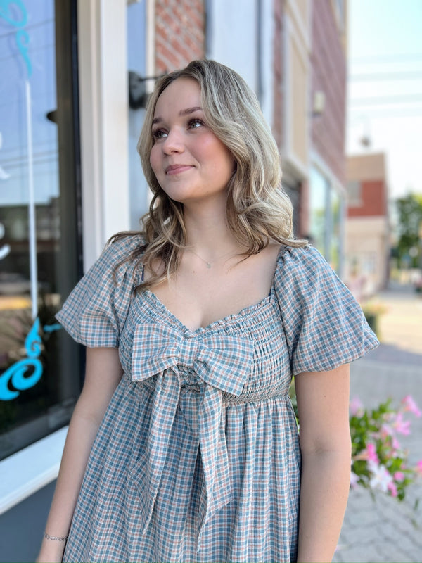 Dusty Teal Ribbon Front Smocked Plaid Midi Dress