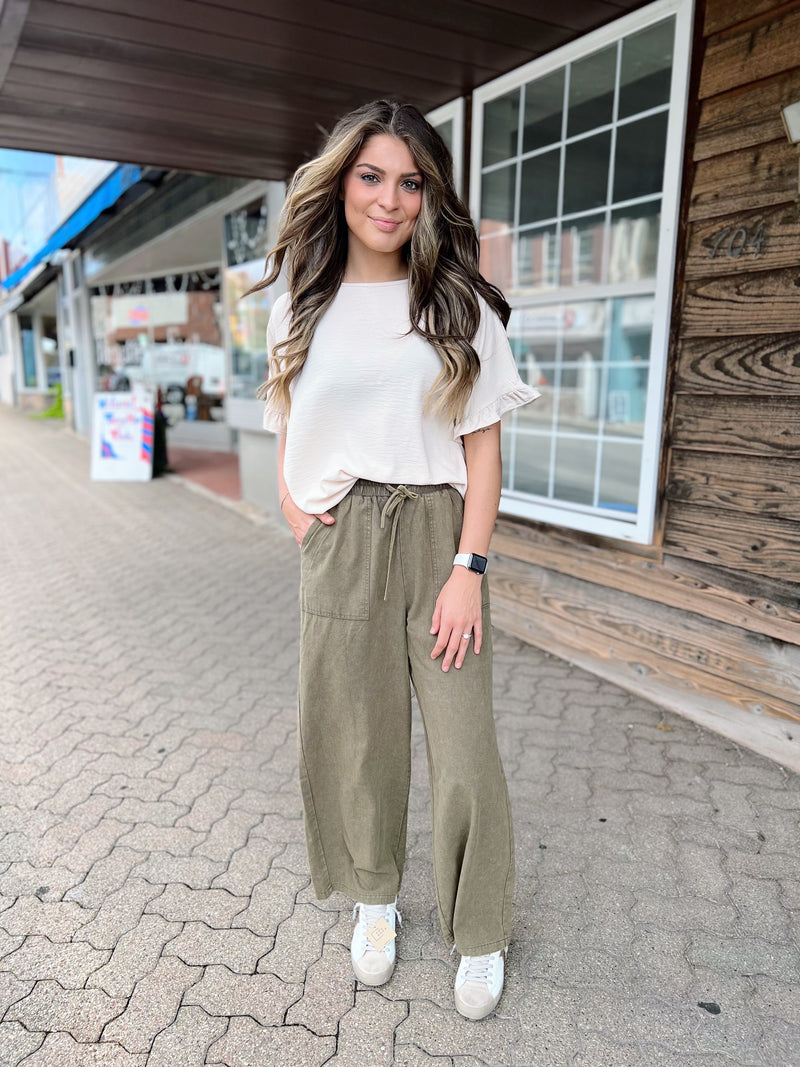 Olive Acid Washed Linen Pants with Pockets