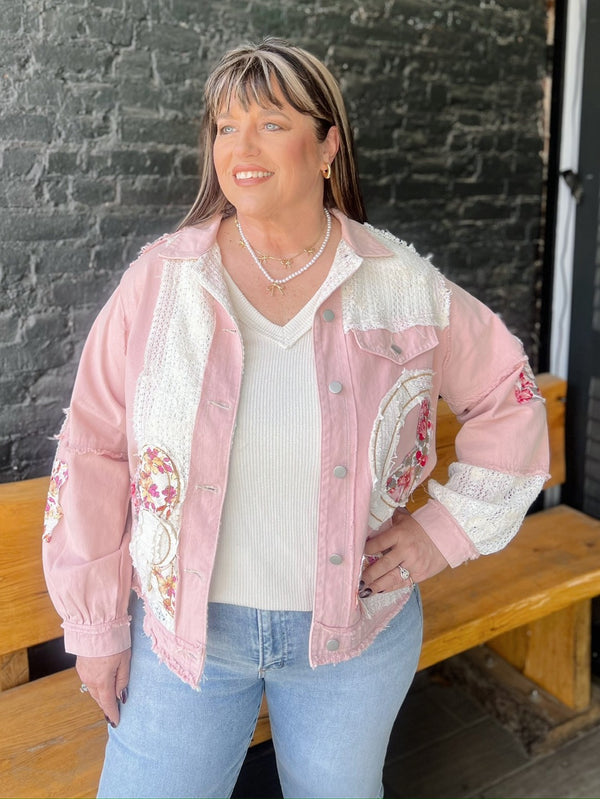 Pink Oversized Balloon Sleeve Patch Detail Denim Jacket