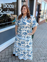 Curvy Blue Printed Short Ruffled Sleeve Tiered Maxi Dress