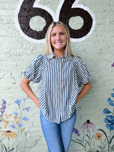 Navy and White Striped Puff Sleeve Button Down Top