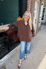 Brown Hi-Low Hem Buttin Down Top