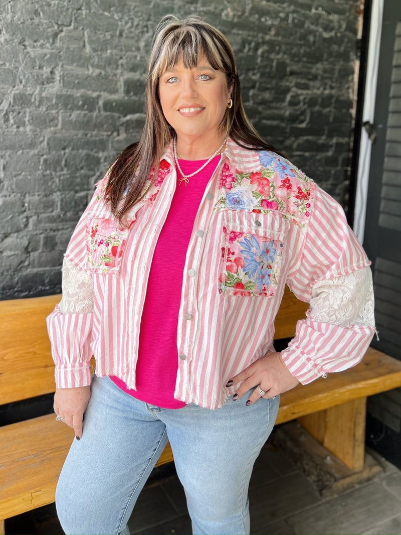 Pink Striped Relaxed Fit Balloon Sleeve Floral Printed Jacket