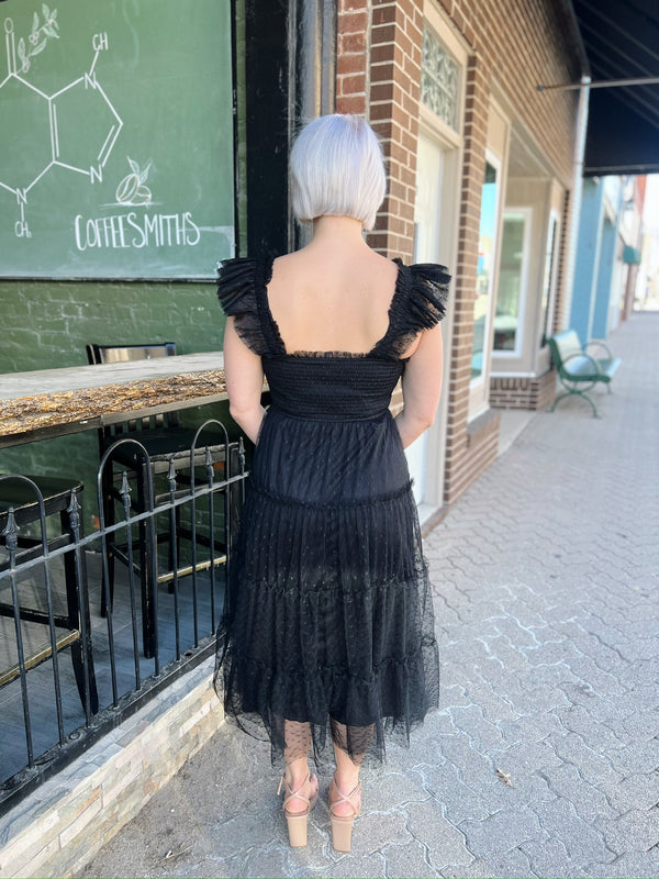 Black Polka Dot Print tulle Tiered Midi Dress