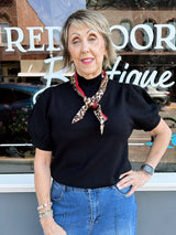 Black Solid Puff Sleeve Top With Leopard Scarf