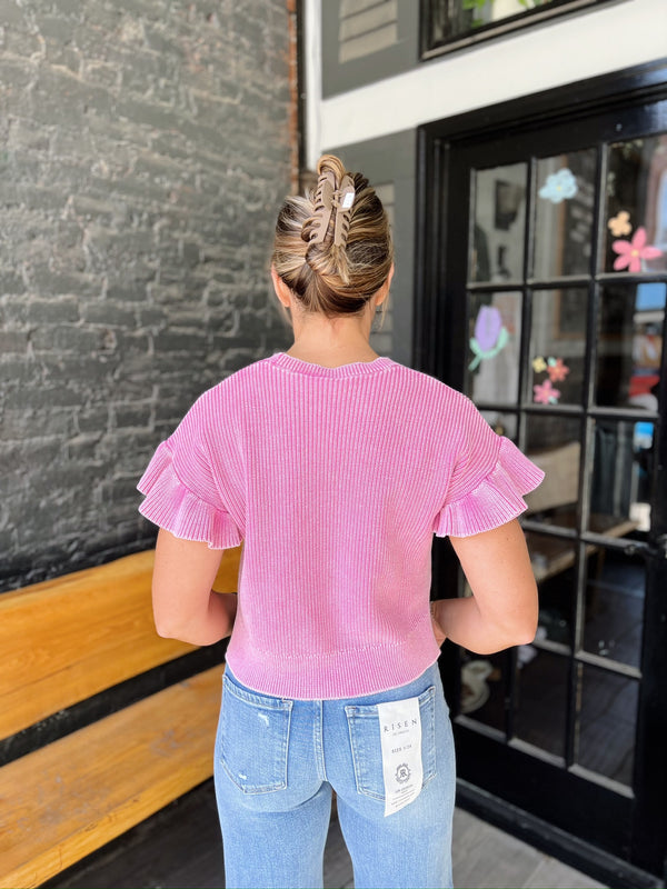 Mineral Wash Sweater Knit Top with Ruffle Sleeve