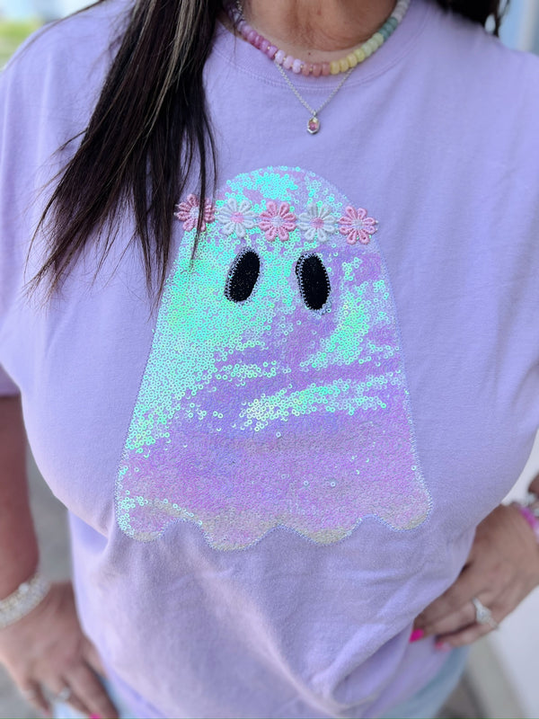 Lavender 3D Sequin Groovy Ghost Tee
