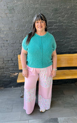 Curvy Light Pink Color Block Floral Pants