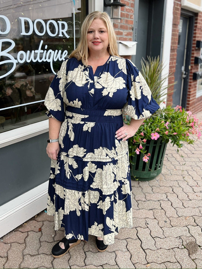 Curvy Navy Floral Midi Dress