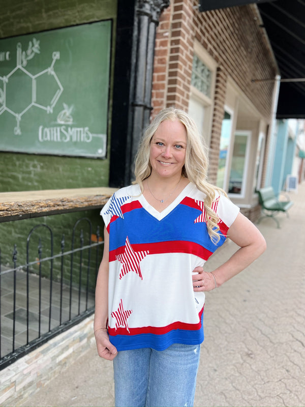 White Patriotic Star Patch Top