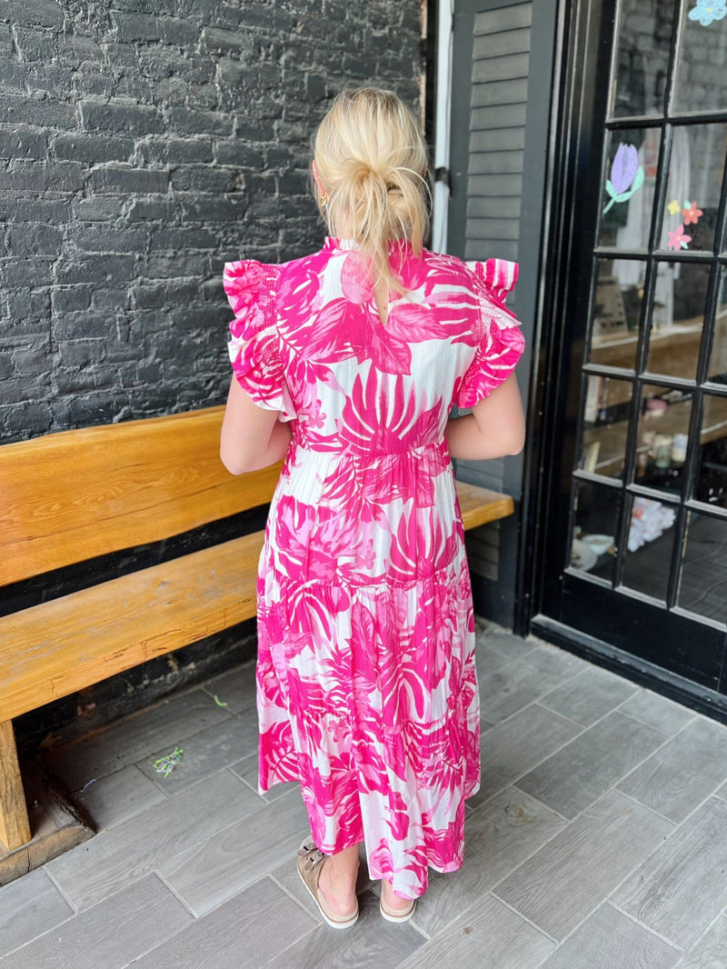 Fuchsia Floral Ruffle Sleeve Maxi Dress