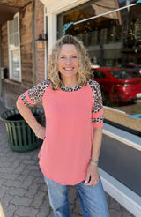 Coral Leopard Detail Ribbed Top