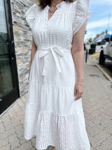 White Textured Belted Midi Dress
