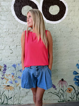 Denim Pleated Flowy Shorts