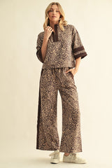 Leopard Half Sleeve Front Zip Faux Suede Top