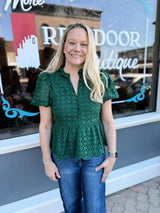 Green Puff Sleeve Eyelet Embroidered Top