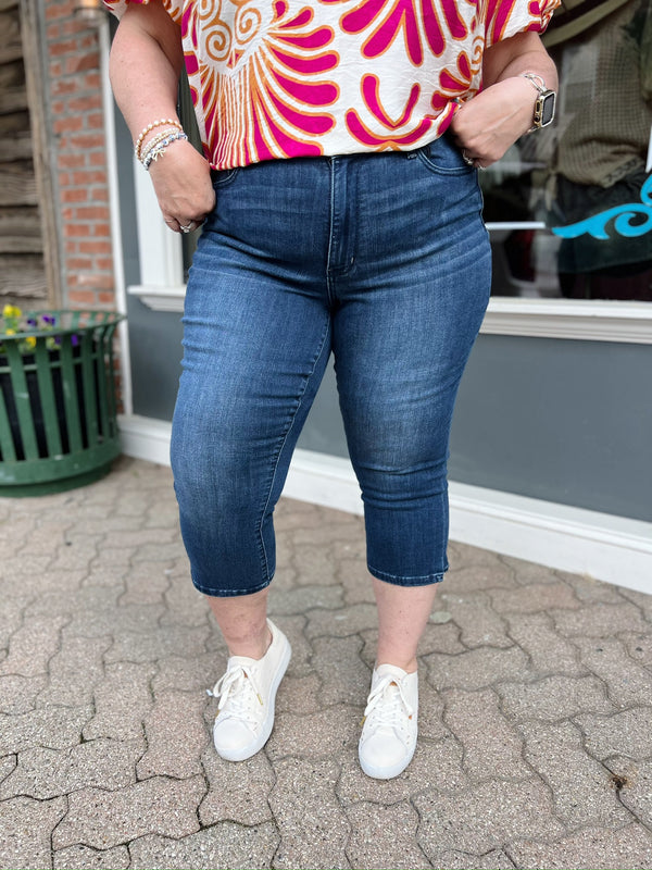 Curvy Rubie's Dark Wash Capri with Side Slit