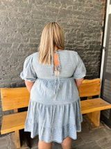 Curvy Denim Blue Bow Print Dress with Balloon Sleeves
