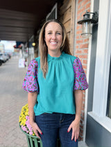 Ruffle Neck Embroidered Puff Sleeve Top