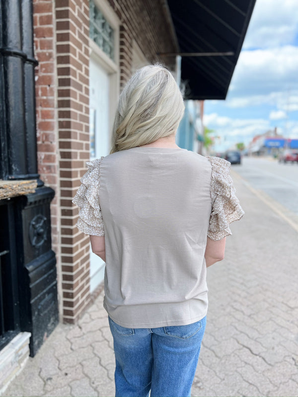 Taupe with Leopard Ruffle Sleeves Top
