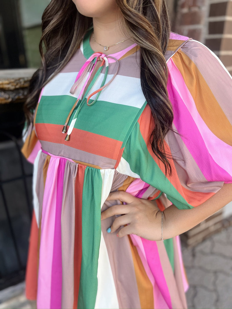 Multi Color Striped Front Tie Babydoll  Dress