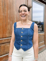 Denim Rectangle Neck Button Front Vest