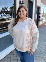 Curvy Oatmeal Floral Bubble Sleeve Hooded Top