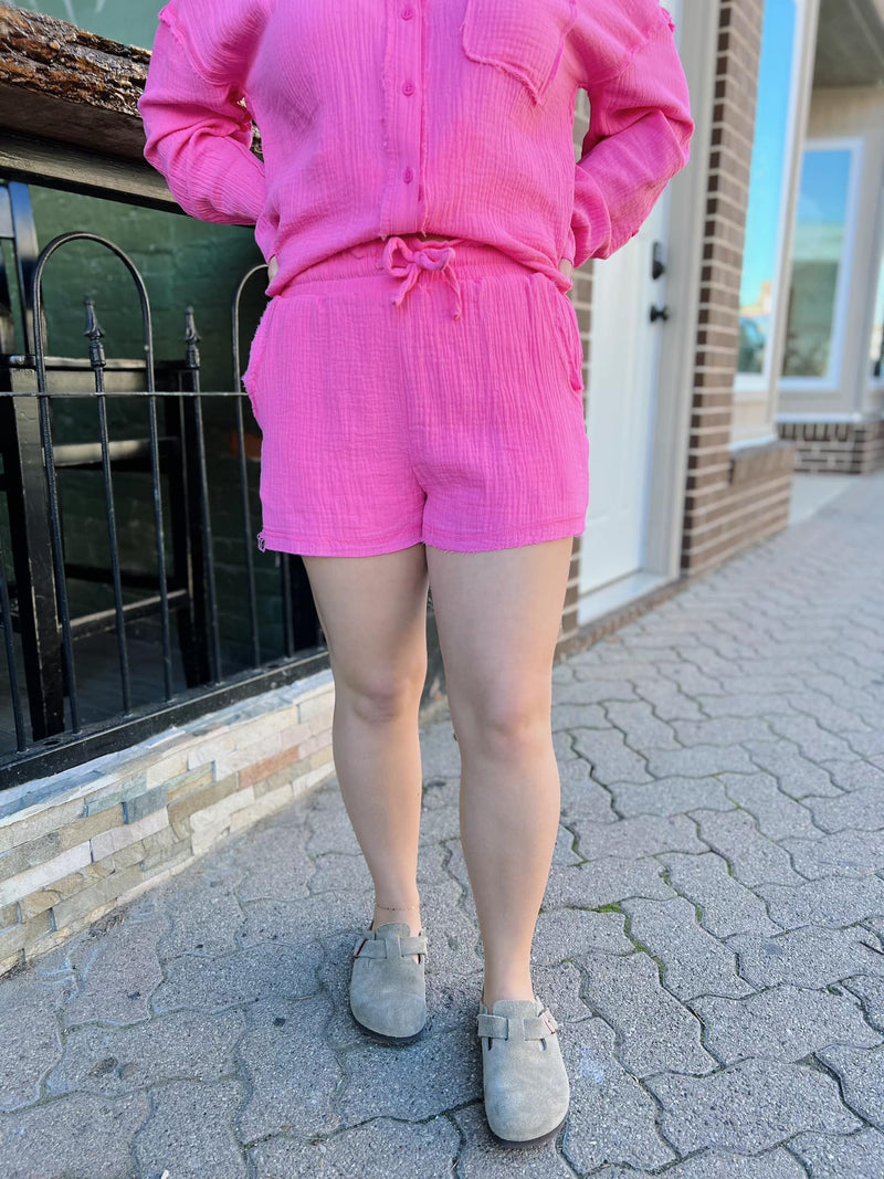 Pink Linen Drawstring Shorts