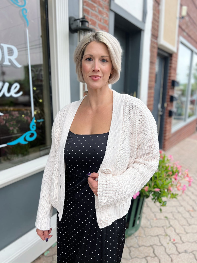 Chunky Knit Flower Button Up Cardigan
