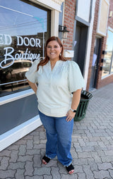 Curvy Sage Striped Bubble Sleeve Top