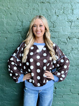 Brown Polka Dot Blue Trim Pullover