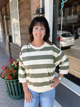 Olive V-Notched Bold Striped Top