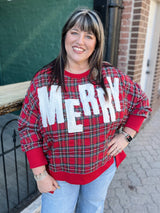 Red Plaid MERRY Letters Oversized Long Sleeve Top
