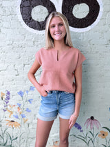 Light Rust Short Sleeve Split Neck Sweater