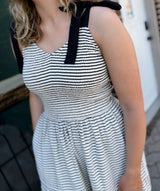 Black Striped Smocked Shoulder Tie Maxi Dress