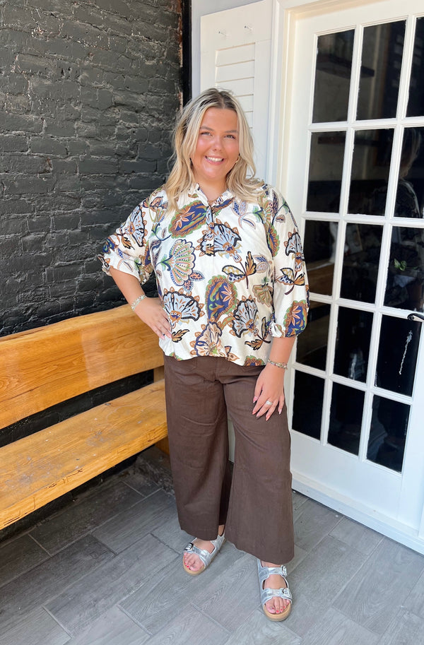 Curvy Brown Wide Leg Pants With Front Pockets
