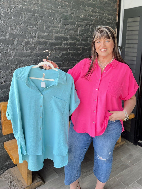 Curvy Hi-Low Button Down Shirt with Side Slit