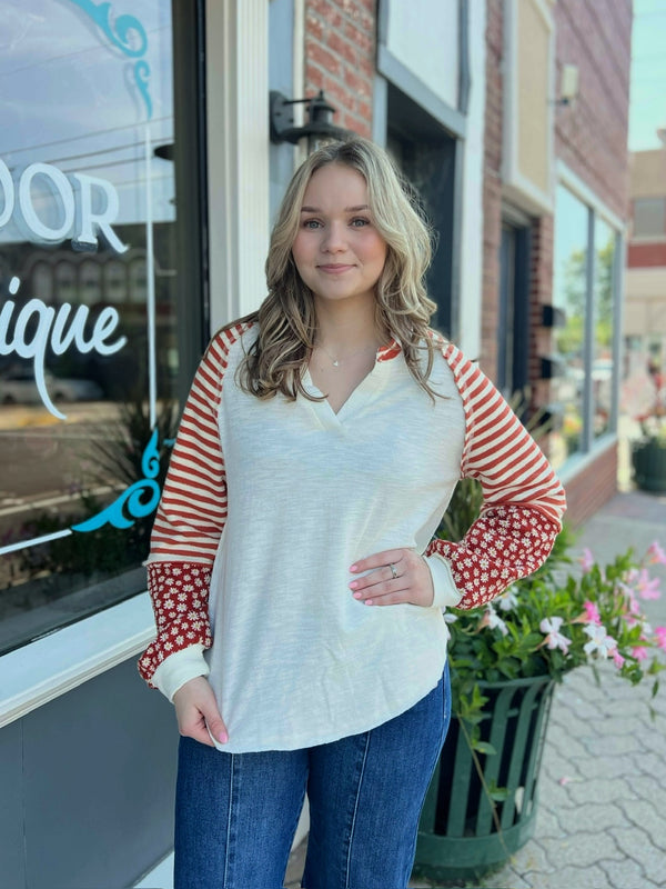 Cream and Rust Oversized Striped Floral Pullover