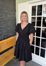 Puff Sleeve V-Neck Jacquard Dress