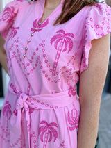 Pink Embroidered Palm Belted Midi Dress