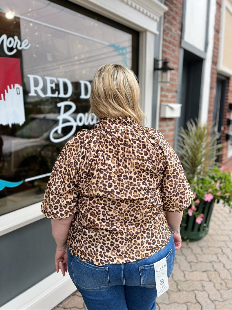 Curvy Bubble Sleeved Animal Print Blouse