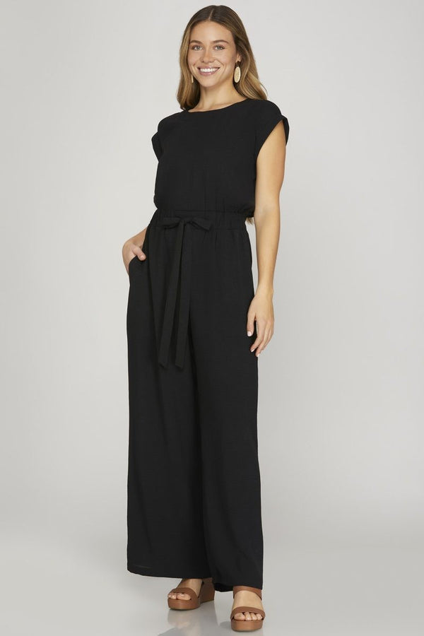 Cap Sleeve Elastic Waist Front Tie Jumpsuit