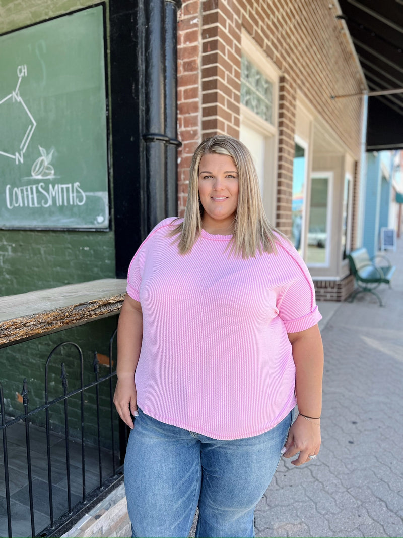 Curvy Corded Ribbed Cuff Sleeve Top
