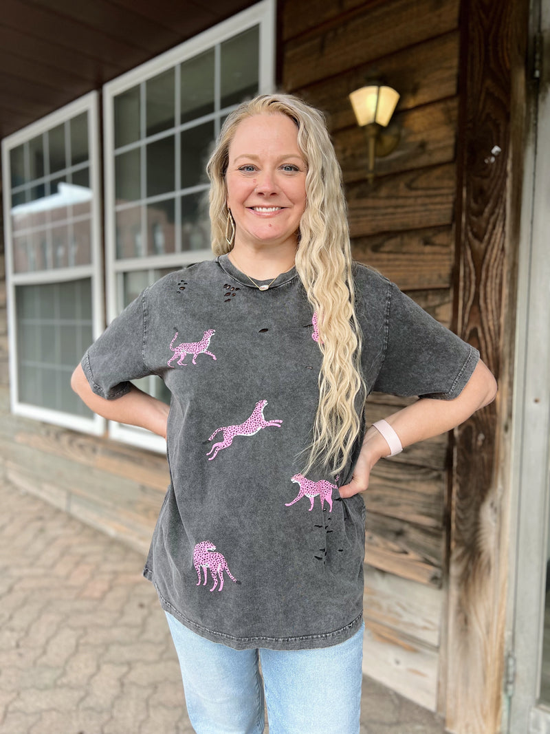 Black Acid Wash Pink Cheetah Tee