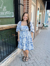 Blue and White Floral Print Tiered Short Dress