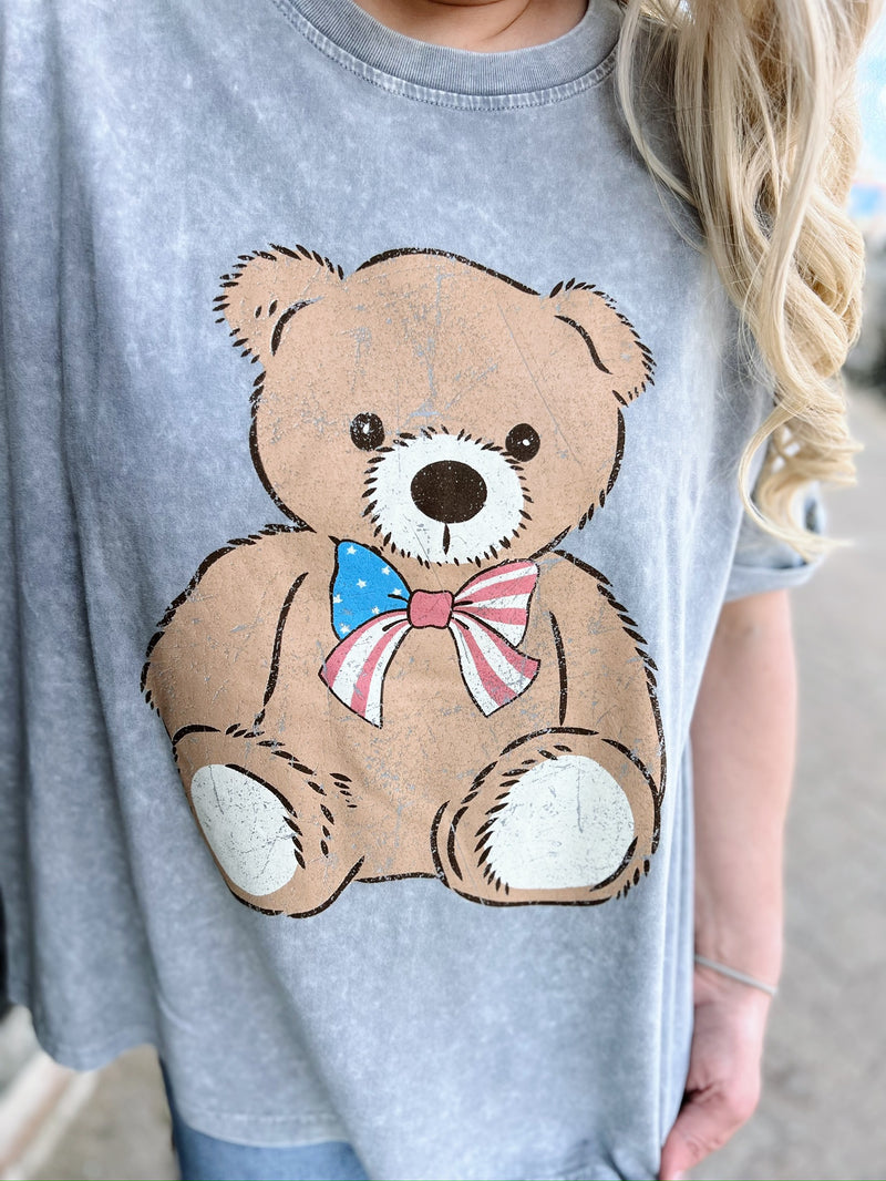 Grey Acid Wash Teddy Bear W/ Bow Tee